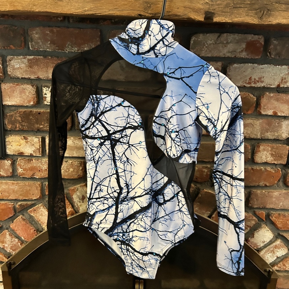 Abstract Branch Print Long Sleeve Leotard with Rhinestones